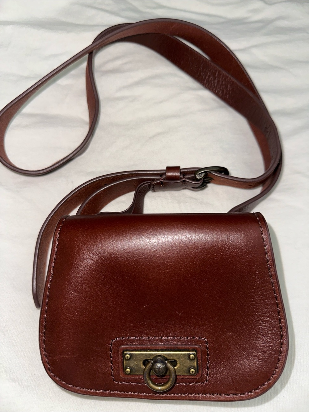 FRYE Brown Leather Belt Bag with Brass Ring Accent